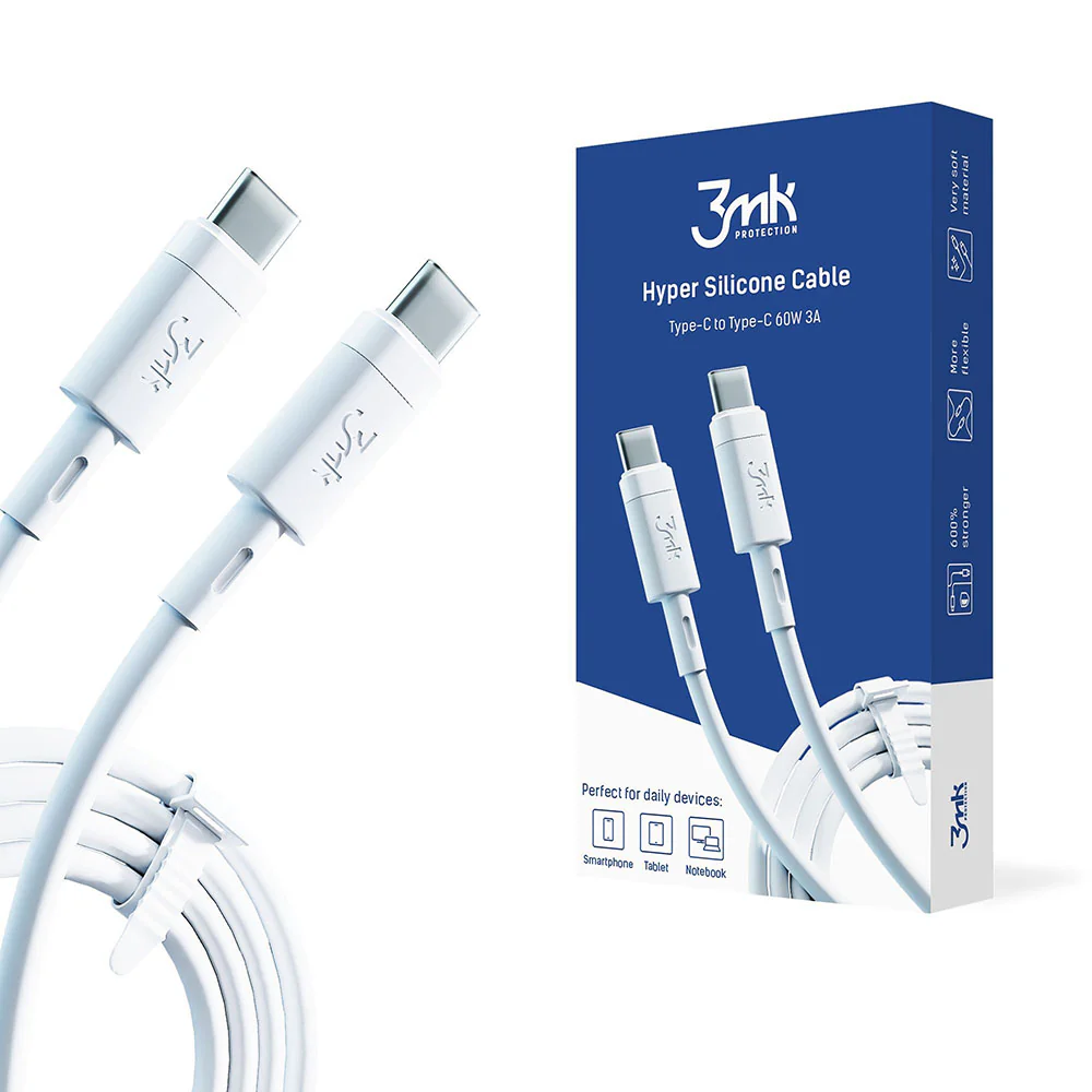 USB-C Data and Charging Cable - USB-C 3MK Hyper Silicone, 60W, 1m, White - Image 6
