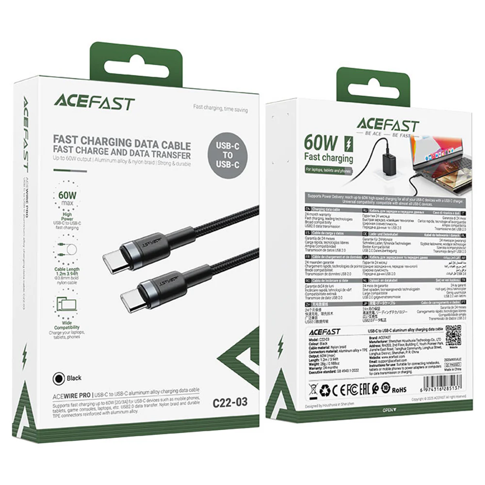 USB-C Data and Charging Cable - USB-C Acefast C22-03, 60W, 1.2m, Black - Image 5