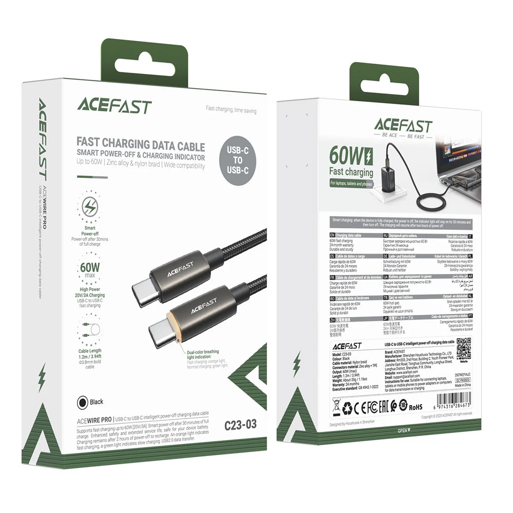 USB-C Data and Charging Cable - USB-C Acefast C23-03, 60W, 1.2m, Black - Image 7