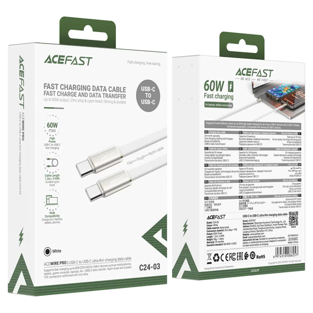 USB-C Data and Charging Cable - USB-C Acefast C24-03, 60W, 1.2m, White - Image 6