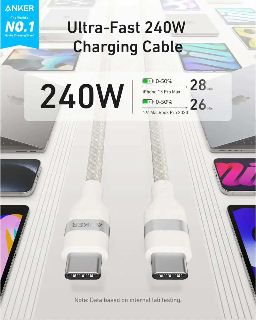 USB-C Data and Charging Cable - USB-C Anker, 240W, 0.9m, White A82E2H21 - Image 4