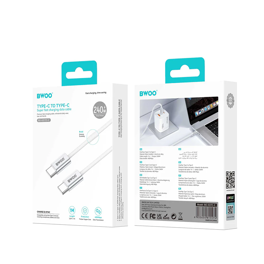 USB-C Data and Charging Cable - USB-C BWOO BO-X317C, 240W, 1m, White - Image 4
