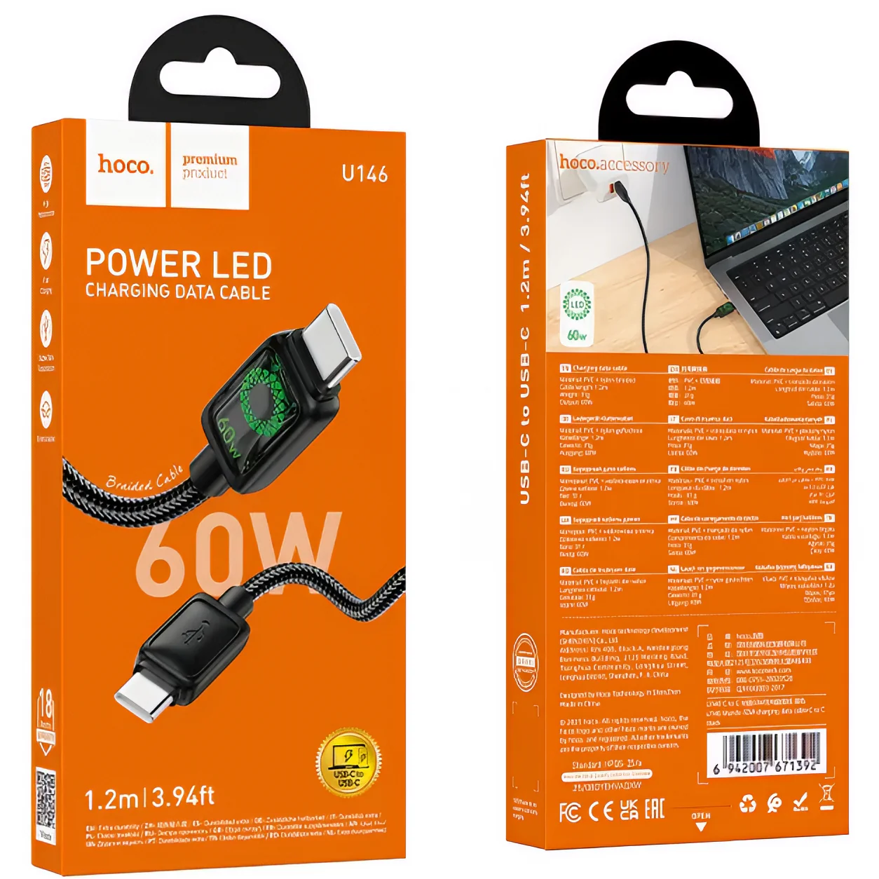USB-C Data and Charging Cable - USB-C HOCO U146, 60W, 1.2m, Black - Image 9