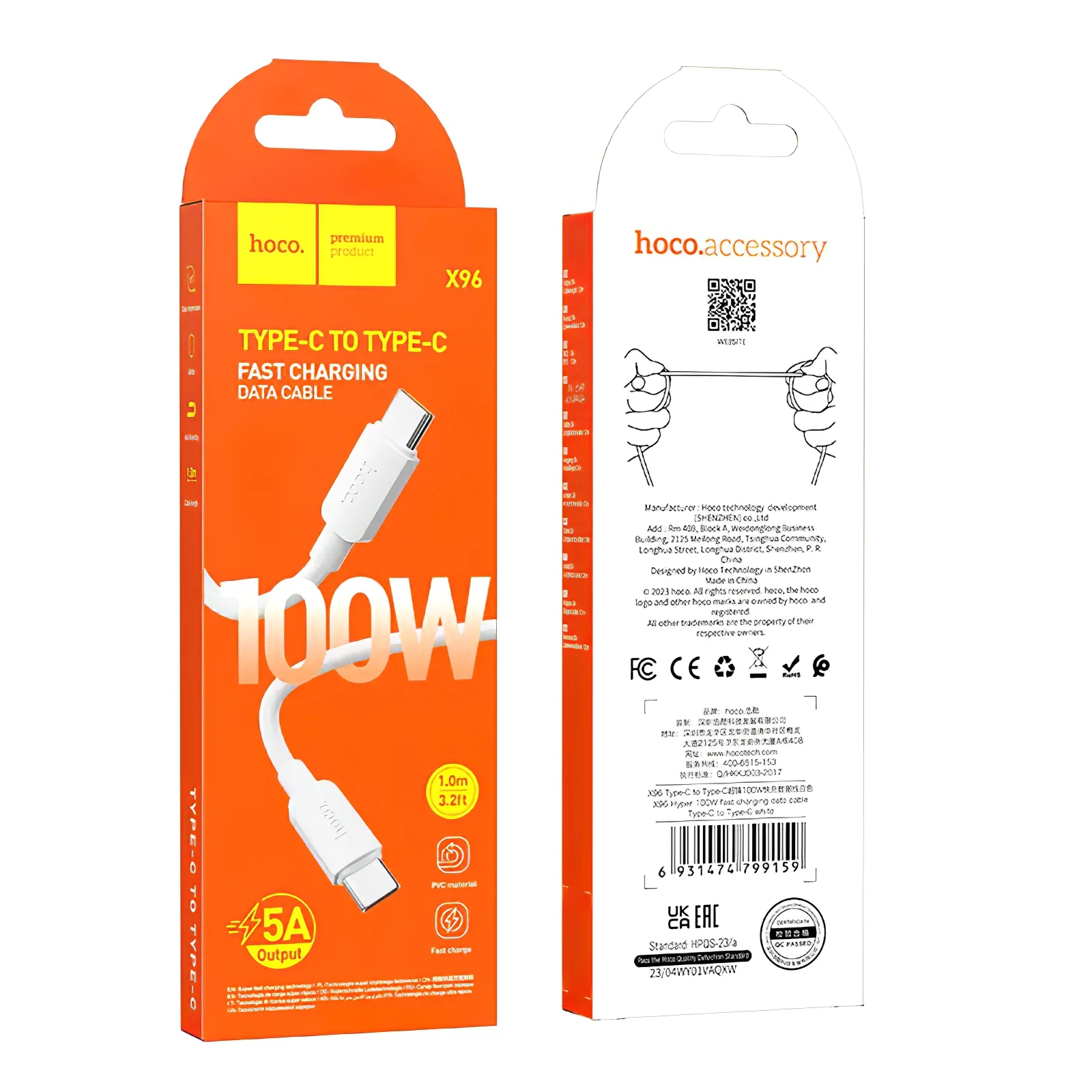 USB-C Data and Charging Cable - USB-C HOCO X96, 100W, 1m, White - Image 4