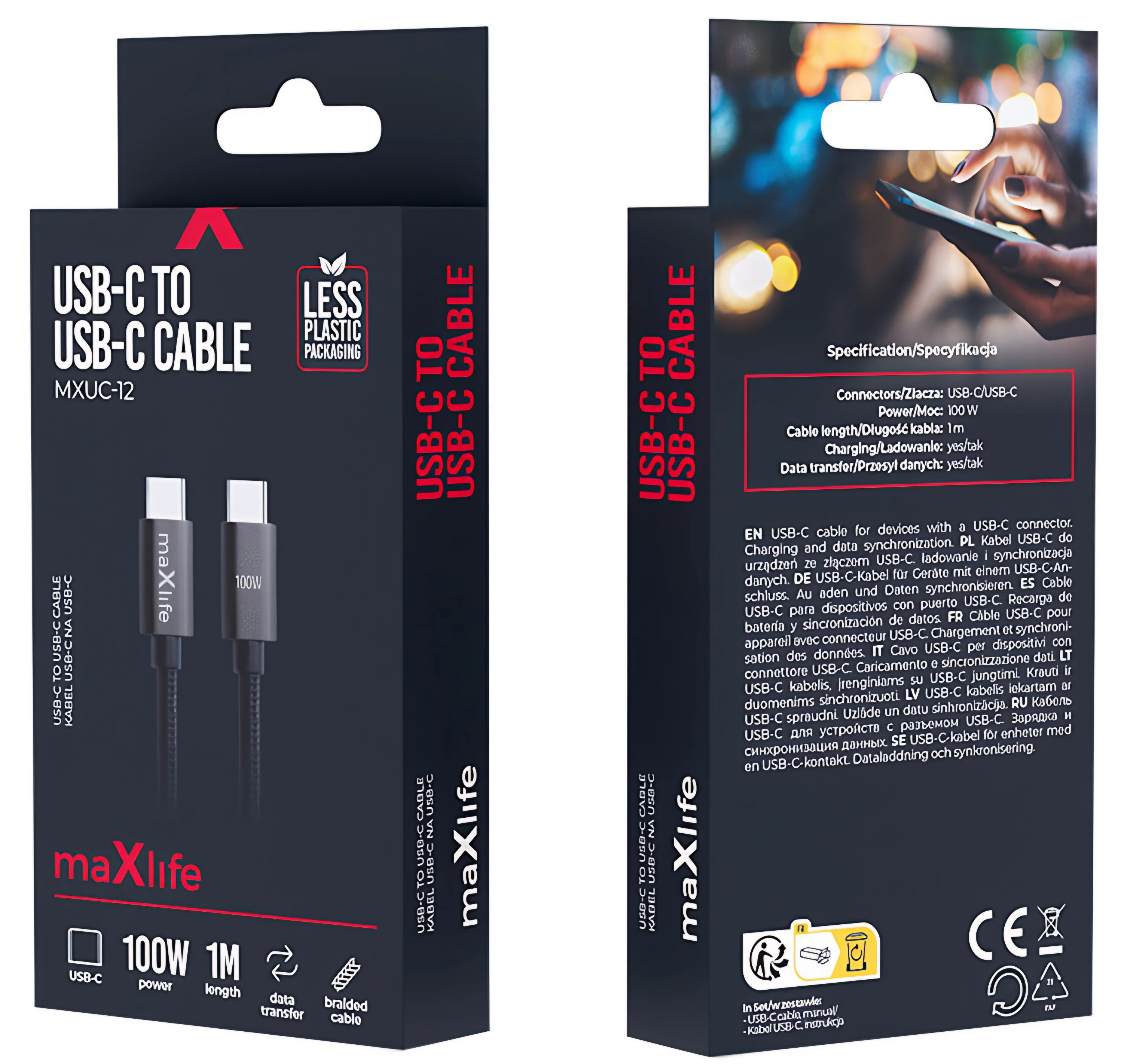 USB-C Data and Charging Cable - USB-C MaXlife MXUC-12, 100W, 1m, Black - Image 3