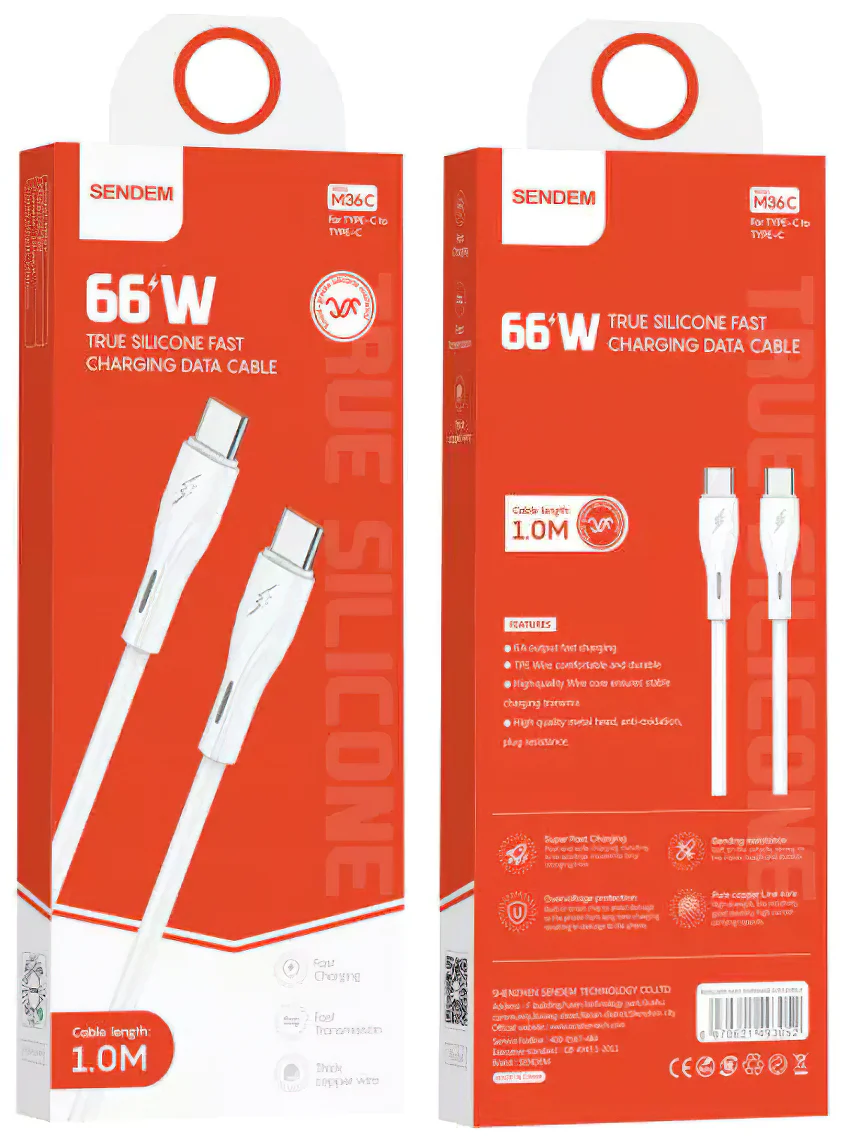 USB-C Data and Charging Cable - USB-C Sendem M36C, 66W, 1m, White - Image 2