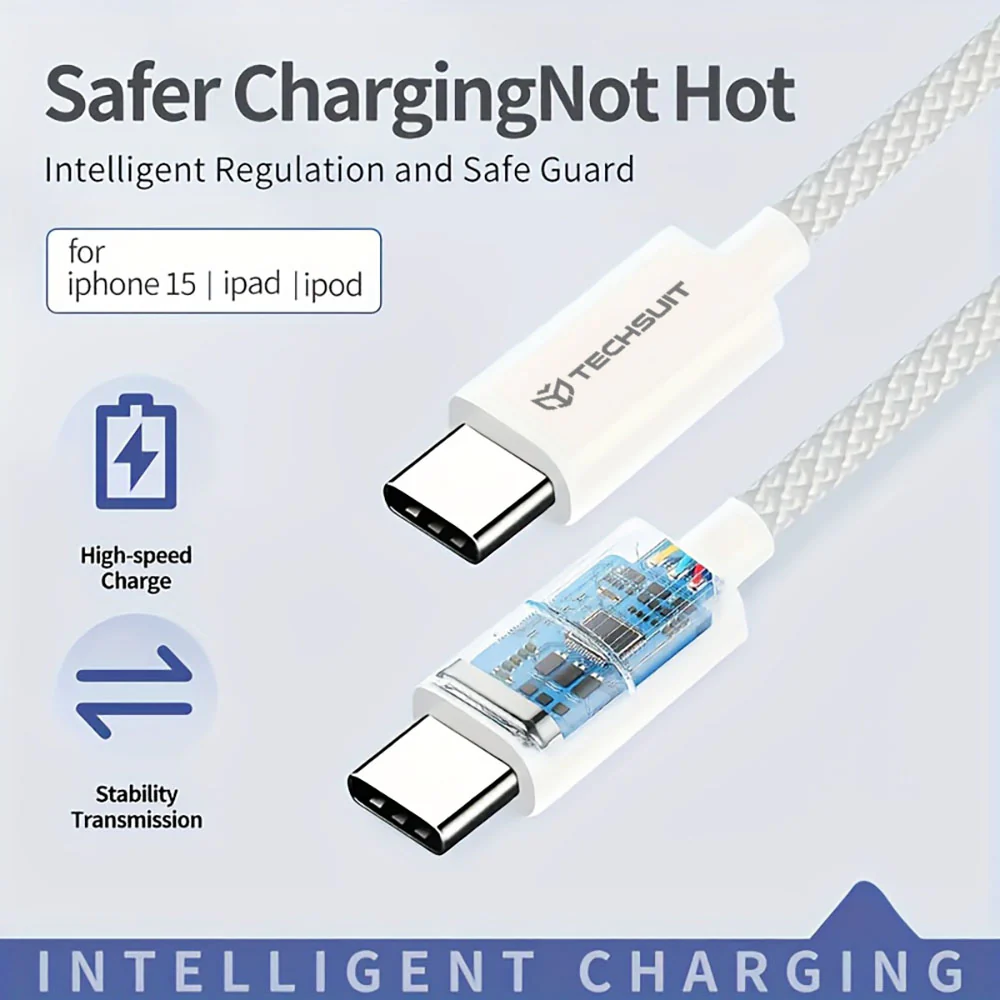 USB-C Data and Charging Cable - USB-C Techsuit PCB114D, 60W, 1m, Black - Image 3