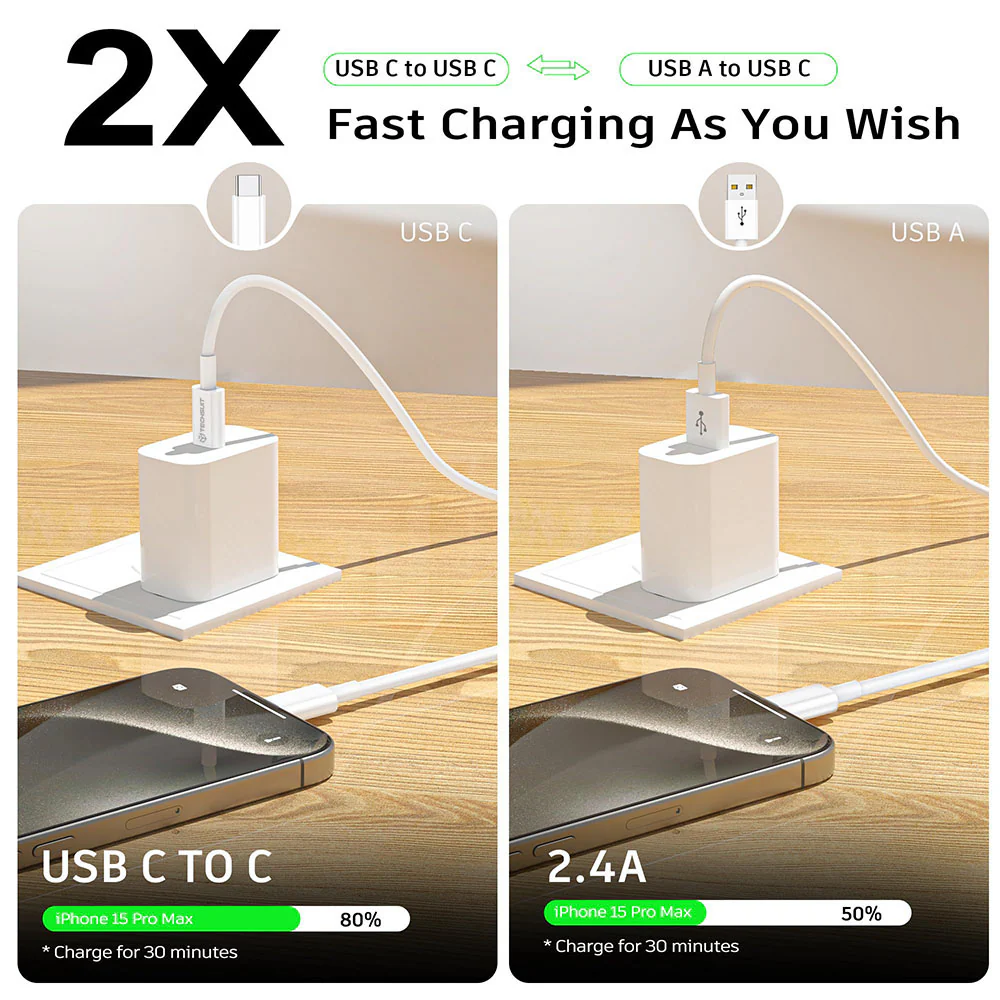 USB-C Data and Charging Cable - USB-C Techsuit PCB130, 60W, 1m, White - Image 3