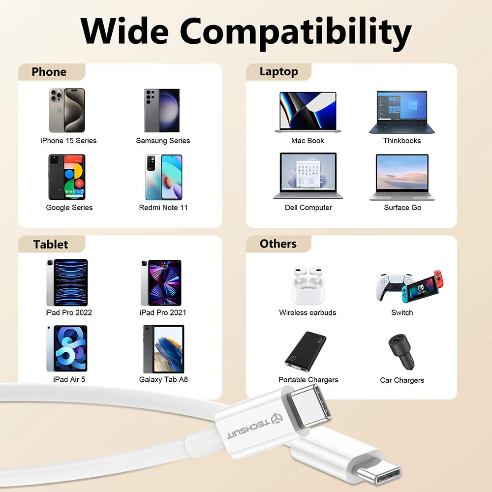 USB-C Data and Charging Cable - USB-C Techsuit PCB130, 60W, 1m, White - Image 7