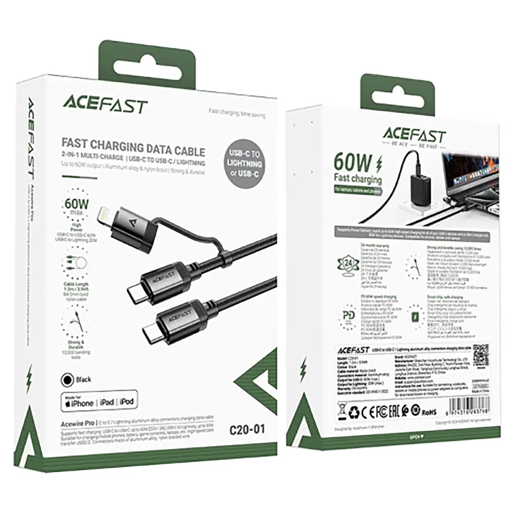 USB-C - Lightning / USB-C Acefast C20-01 Data and Charging Cable, 60W, 1.2m, Black - Image 6