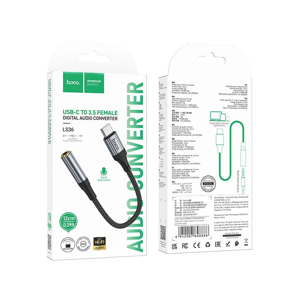 USB-C to 3.5mm Audio Adapter HOCO LS36, Gray - Image 9