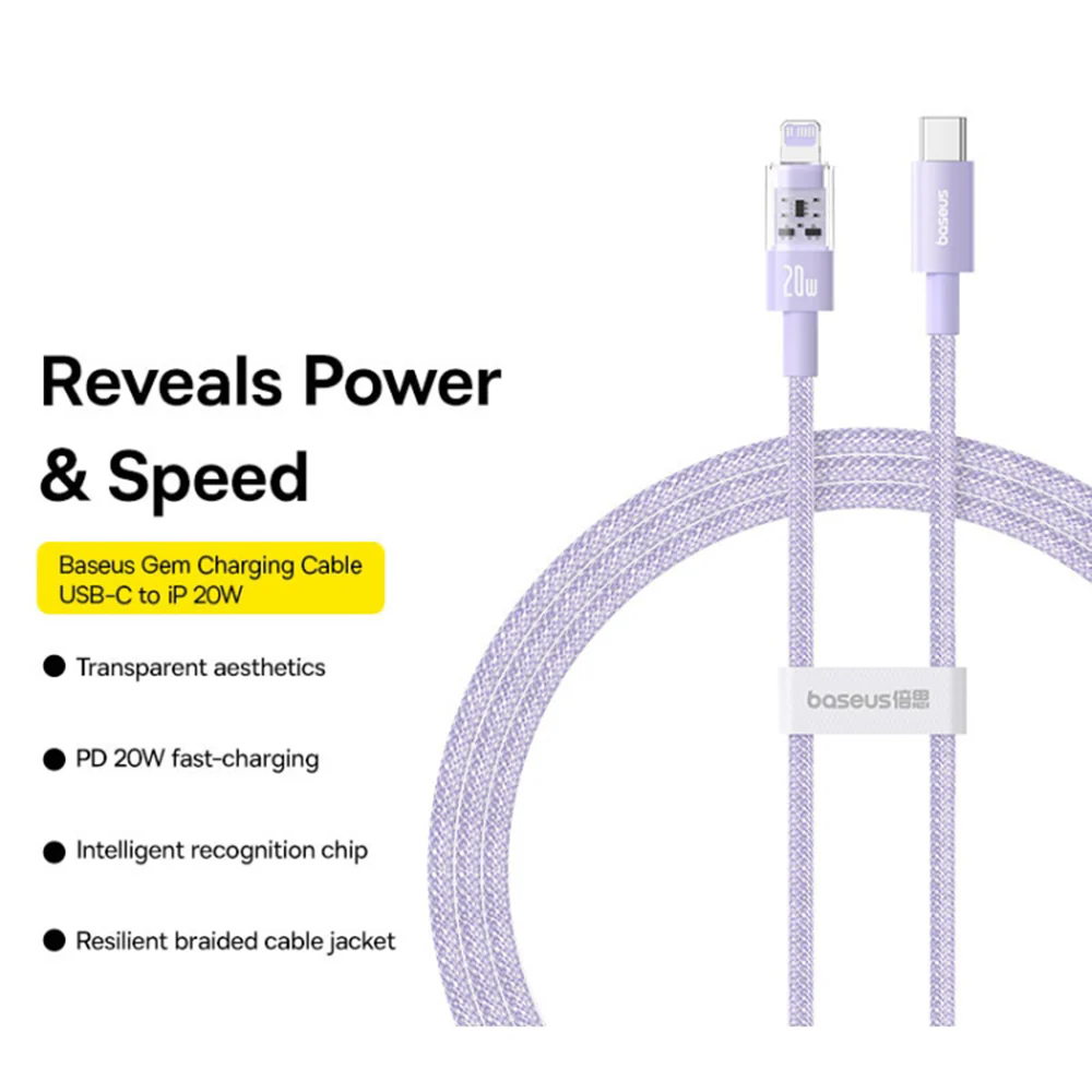 USB-C to Lightning Baseus Gem Data and Charging Cable, 20W, 2m, Purple P10373001511-01 - Image 2