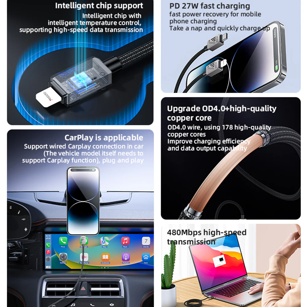 USB-C to Lightning Data and Charging Cable Yesido CA195, 27W, 1.2m, Black - Image 3