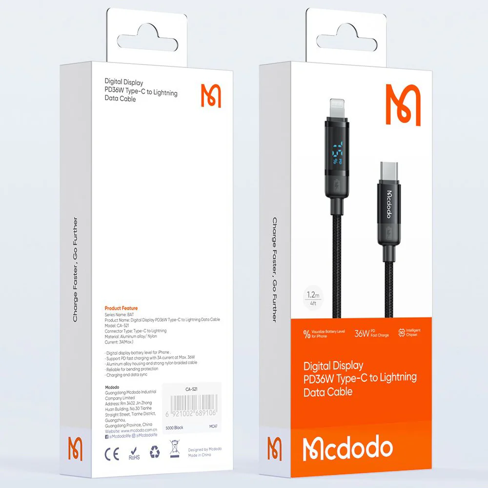 USB-C to Lightning McDodo CA-5210 Bat Display Data and Charging Cable, 36W, 1.2m, Black - Image 7