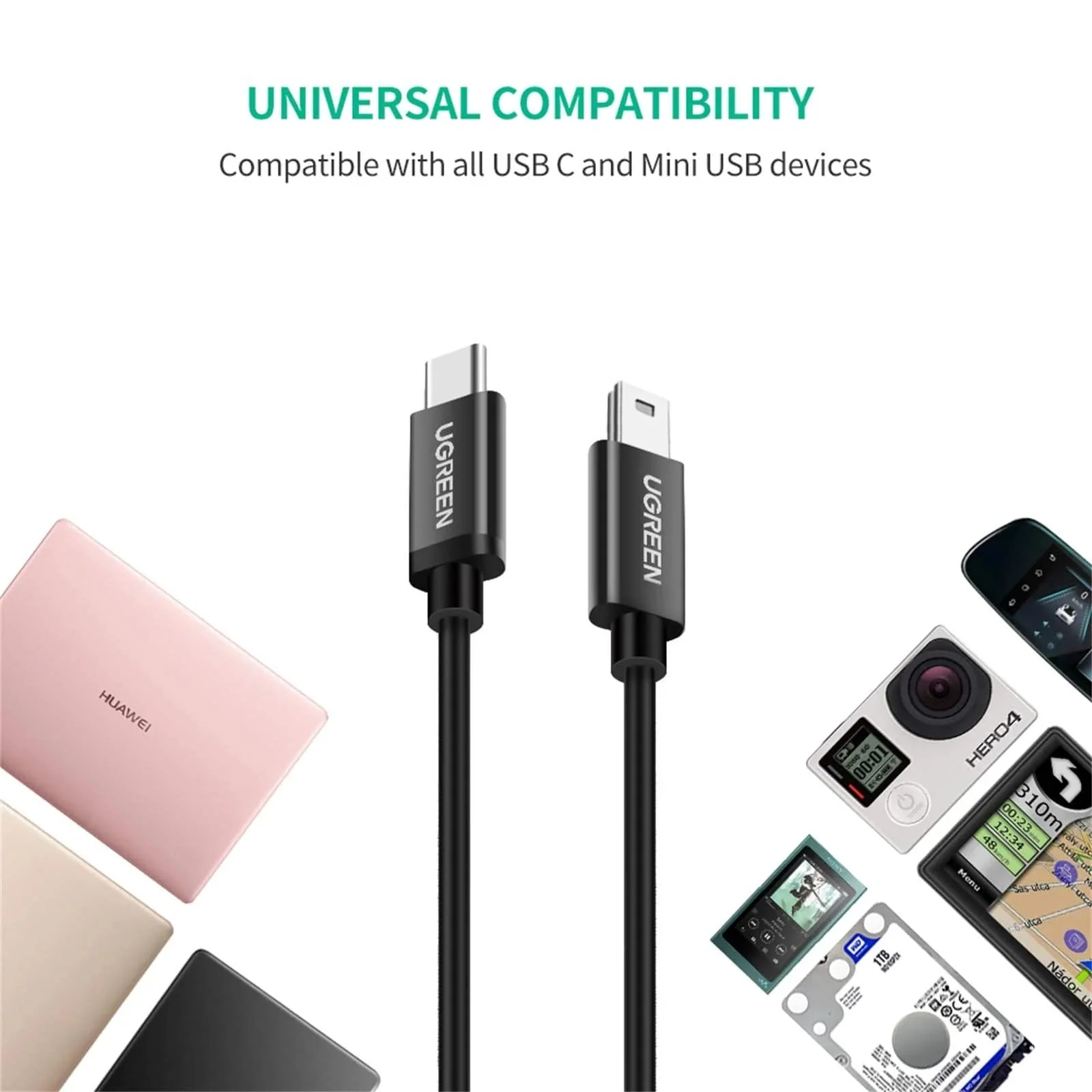 USB-C to miniUSB Data and Charging Cable UGREEN US242, 18W, 1m, Black - Image 9