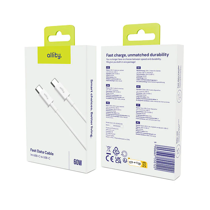 USB-C to USB-C Data and Charging Cable - Allity. AUC-03, 100W, 2m, White - Image 8
