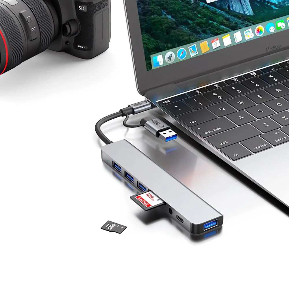 USB / USB-C Hub Tech-Protect HB06, 2 x USB-A 3.0 - 2 x USB-A - 1 x USB-C - 1 x 3.5mm Jack - 1 x SD - 1 x microSD, Gray - Image 6