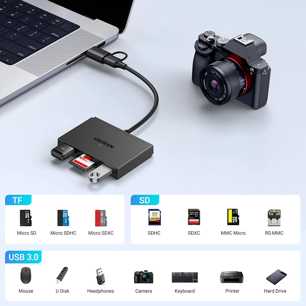 USB / USB-C UGREEN CM812 (45167) Card Reader, SD - microSD - 2 x USB-A, Black - Image 2