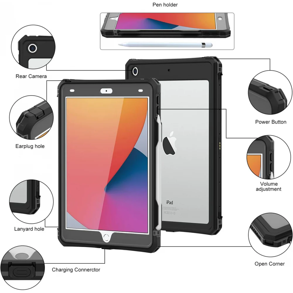 Waterproof Case for Apple iPad 10.2 (2021) / 10.2 (2020) / 10.2 (2019), ShellBox, Black - Image 7