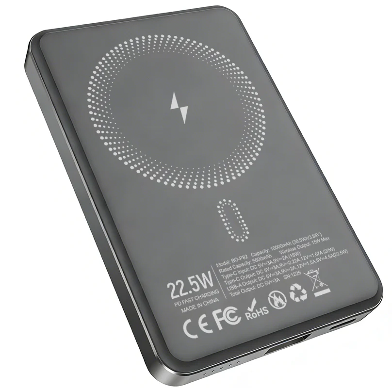 Wireless External Battery BWOO BO-P82, 10000mAh, 22.5W, PD + FQI, 1 x QI - 1 x USB-C, Gray - Image 2