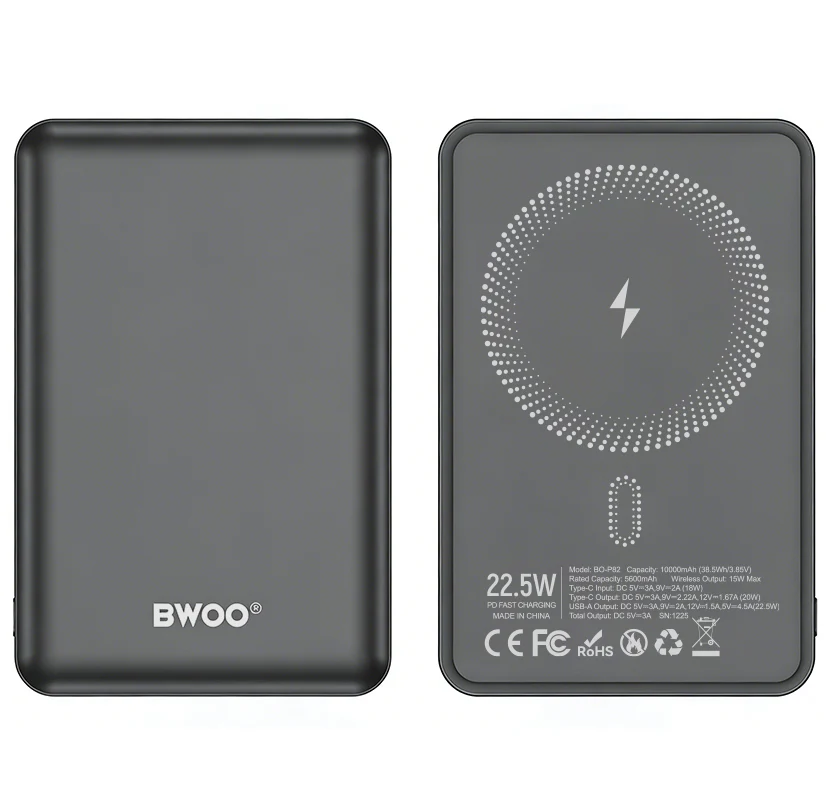 Wireless External Battery BWOO BO-P82, 10000mAh, 22.5W, PD + FQI, 1 x QI - 1 x USB-C, Gray - Image 3