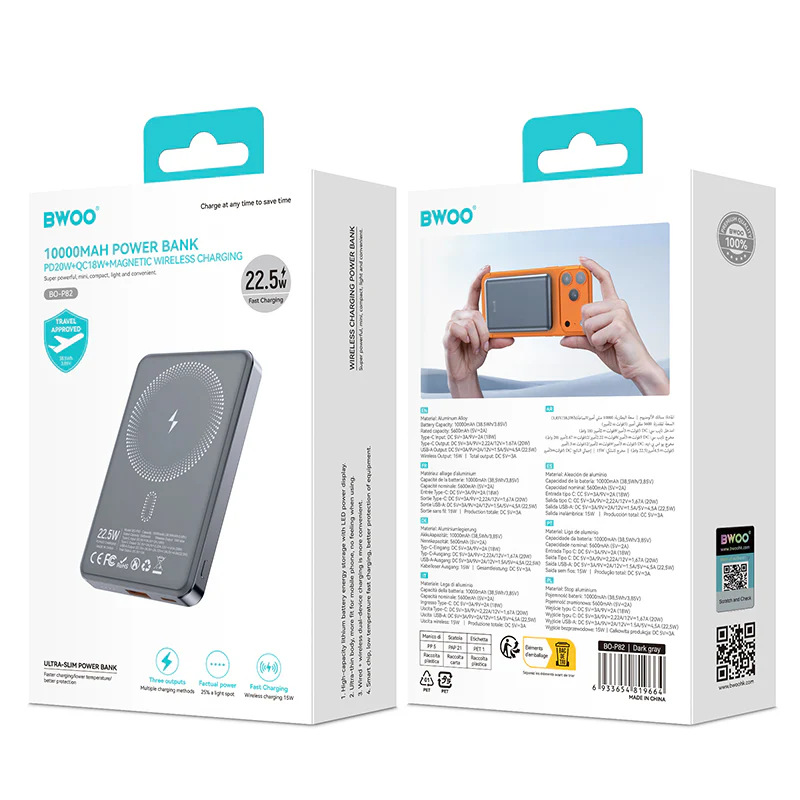 Wireless External Battery BWOO BO-P82, 10000mAh, 22.5W, PD + FQI, 1 x QI - 1 x USB-C, Gray - Image 5