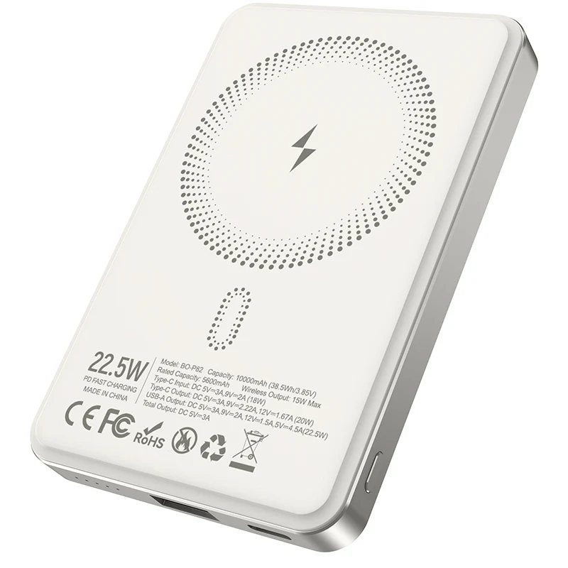 Wireless External Battery BWOO BO-P82, 10000mAh, 22.5W, PD + FQI, 1 x QI - 1 x USB-C, White