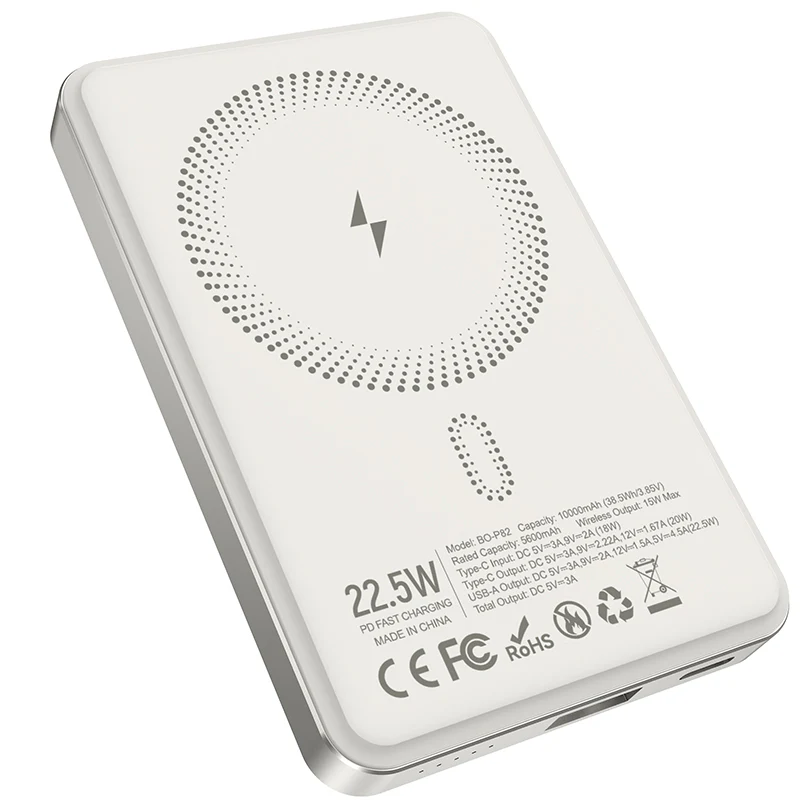 Wireless External Battery BWOO BO-P82, 10000mAh, 22.5W, PD + FQI, 1 x QI - 1 x USB-C, White - Image 2