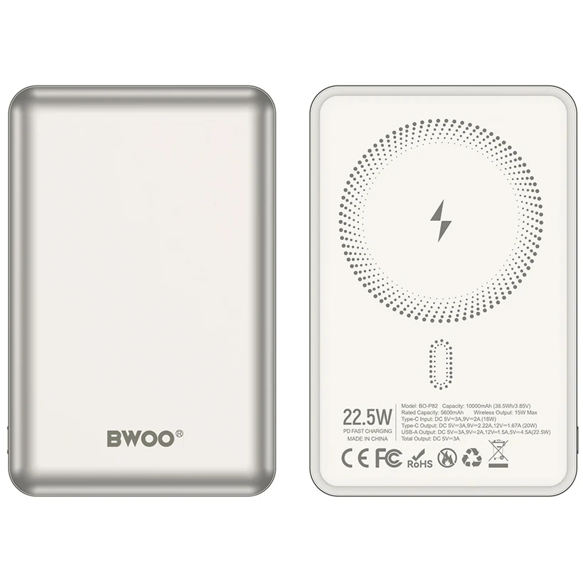 Wireless External Battery BWOO BO-P82, 10000mAh, 22.5W, PD + FQI, 1 x QI - 1 x USB-C, White - Image 3