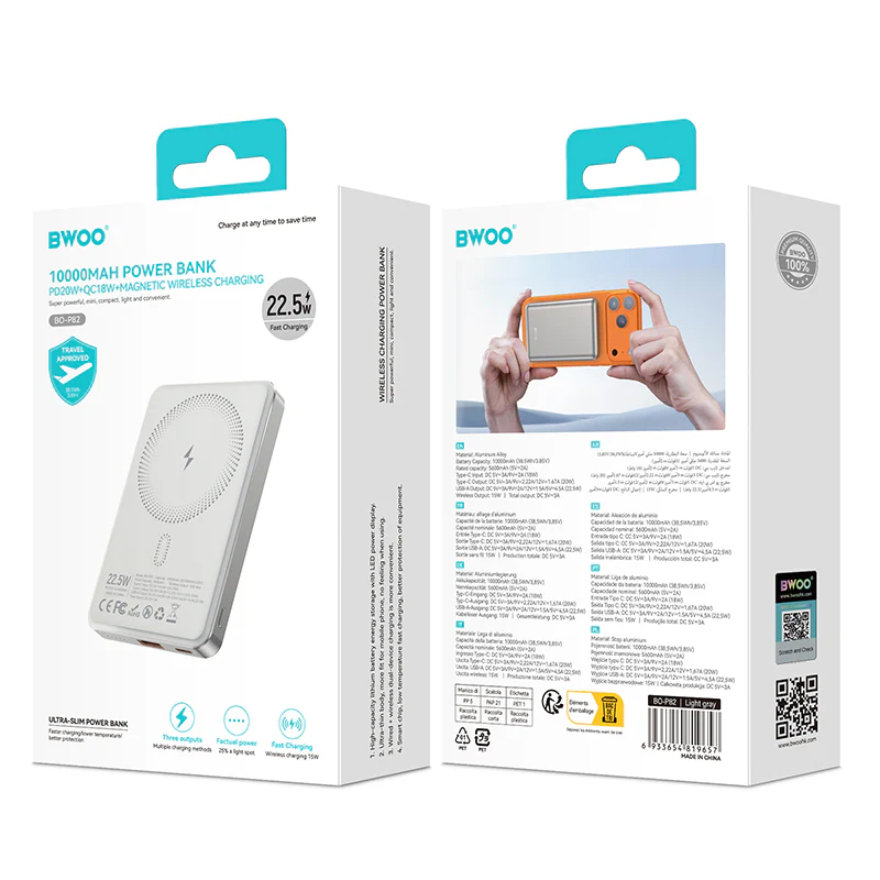 Wireless External Battery BWOO BO-P82, 10000mAh, 22.5W, PD + FQI, 1 x QI - 1 x USB-C, White - Image 5