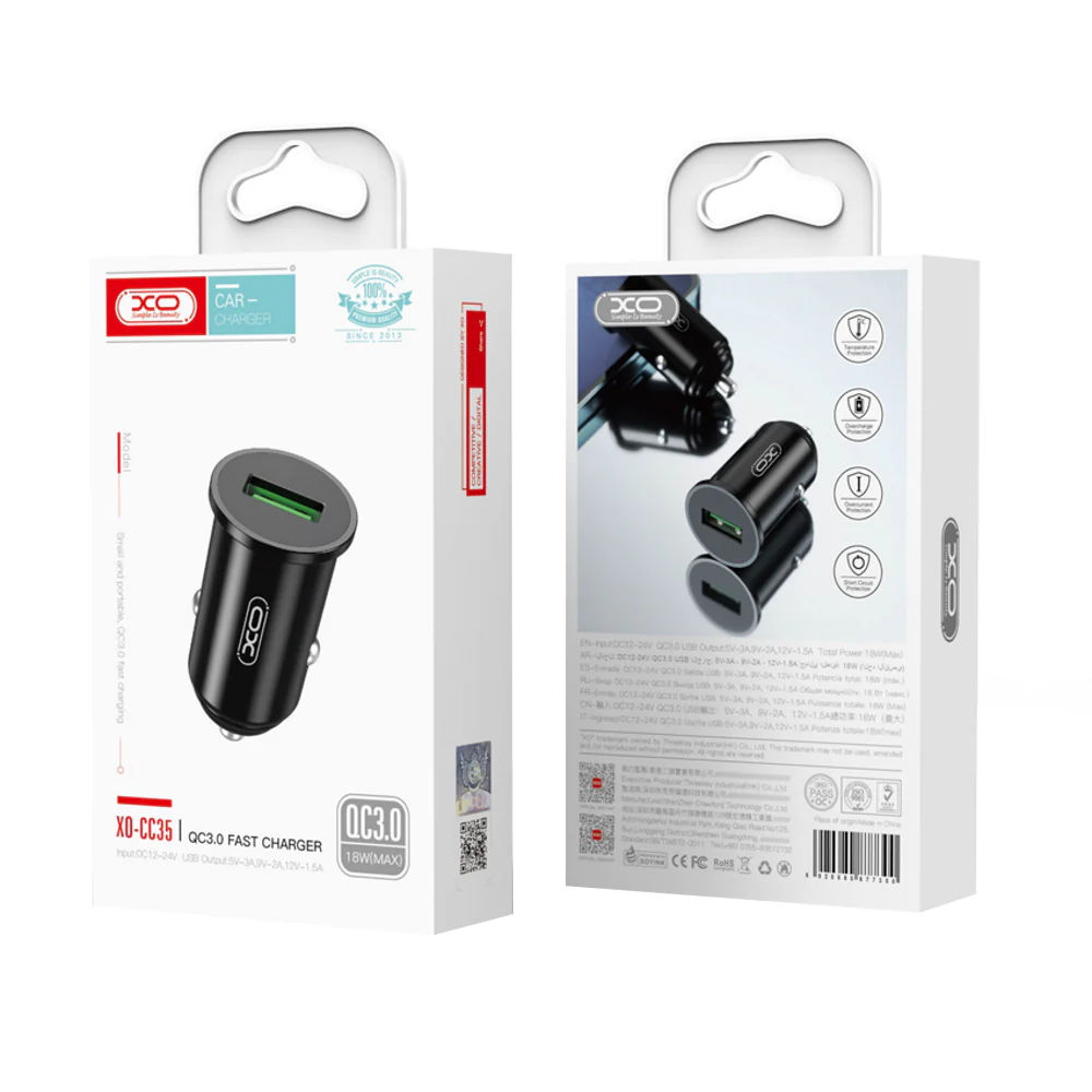 XO Design CC35 Car Charger, 18W, 3A, 1 x USB-A, Black - Image 2