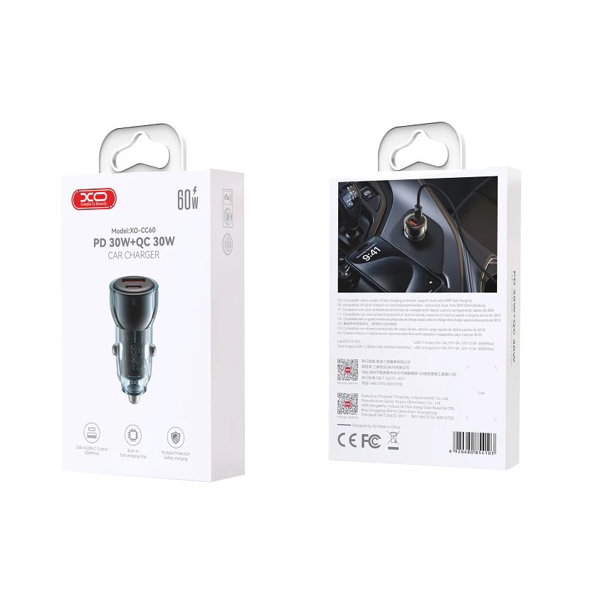 XO Design CC60 Car Charger, 60W, 3A, 1 x USB-A - 1 x USB-C, Blue - Image 2