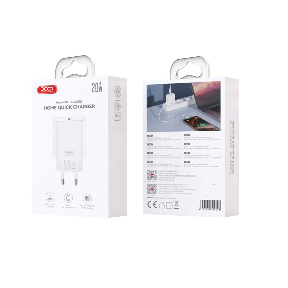 XO Design CE32 Lightning Cable Wall Charger, 20W, 3A, 1 x USB-C, White - Image 2