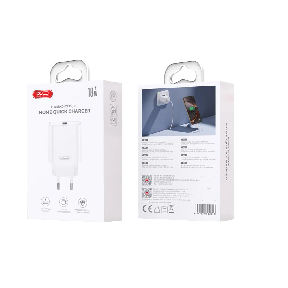 XO Design CE33 Network Charger, 18W, 3A, 1 x USB-A, White - Image 2