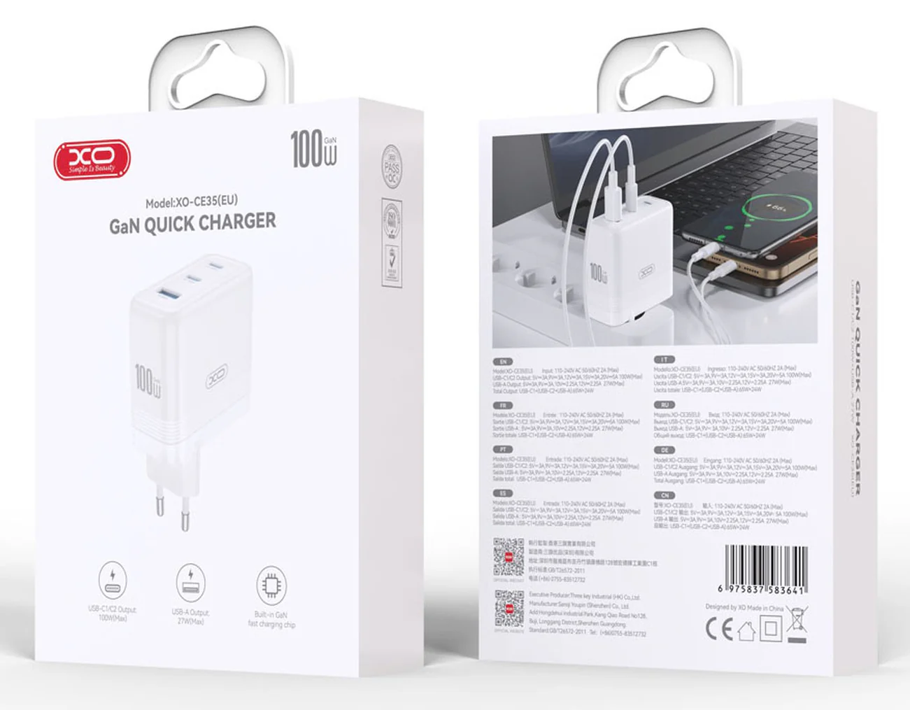 XO Design CE35 Network Charger, 100W, 5A, 1 x USB-A - 2 x USB-C, White - Image 4