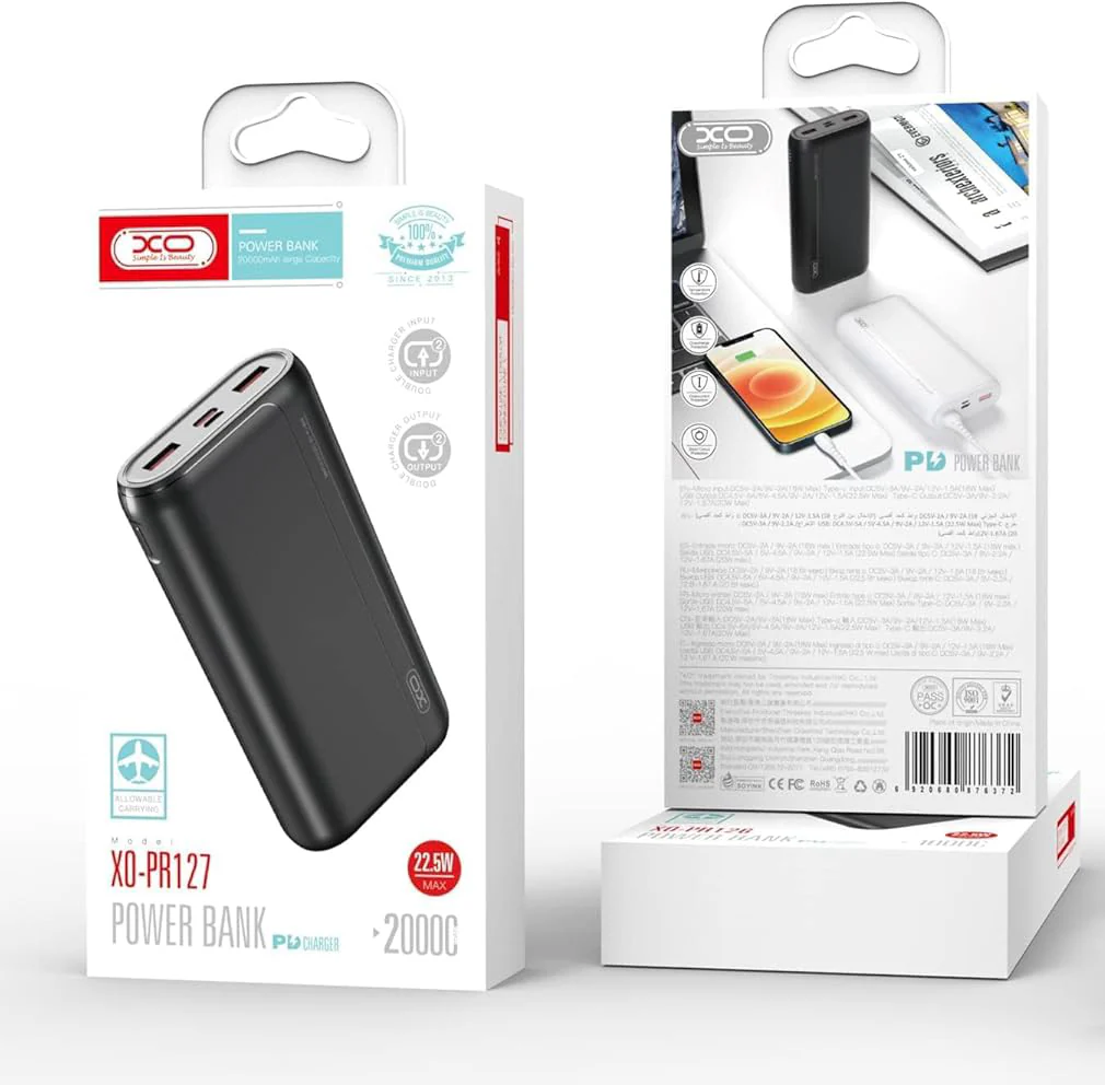XO Design PR127 External Battery, 20000mAh, 22.5W, QC + PD, 1 x USB-C - 2 x USB-A, Black - Image 5