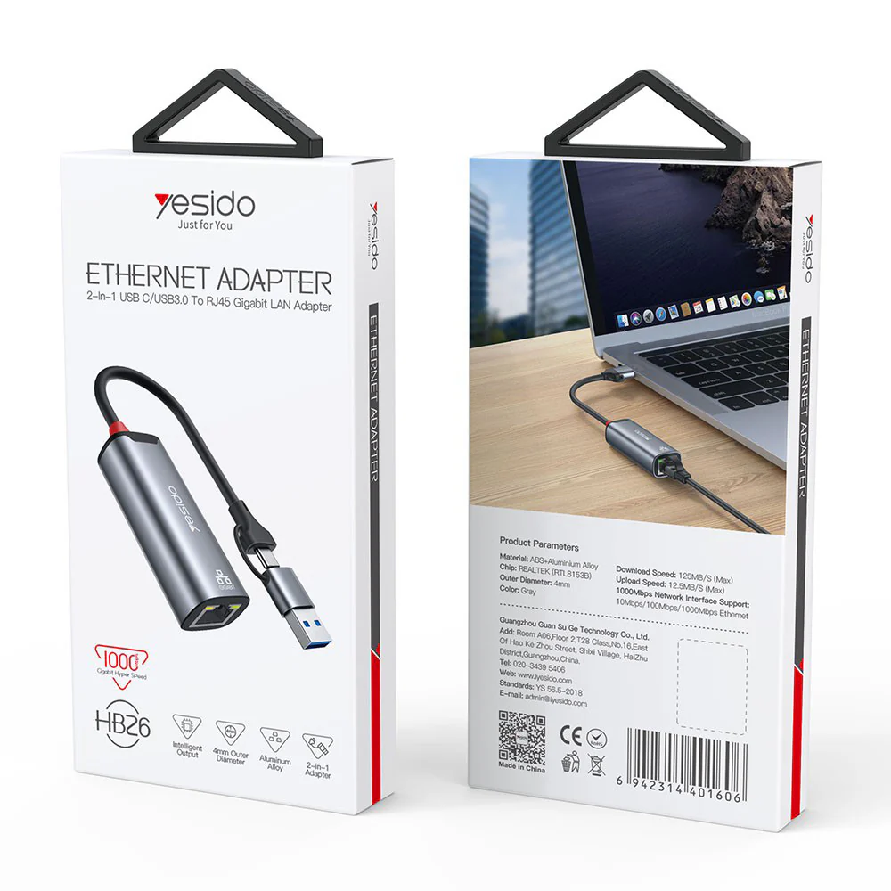 Yesido HB26 Network Card, RJ45, USB / USB-C, Gray - Image 7