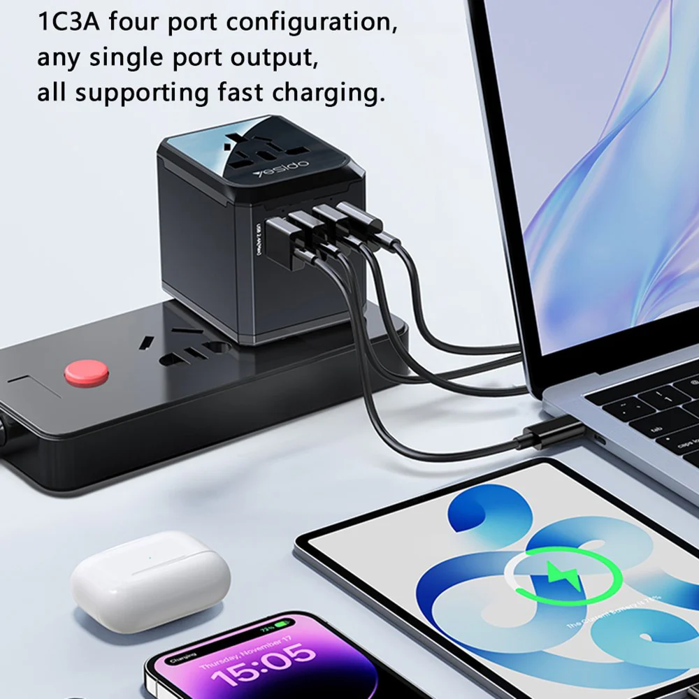 Yesido MC24 Travel Network Charger, 20W, 3A, 3 x USB-A - 1 x USB-C, Black - Image 4