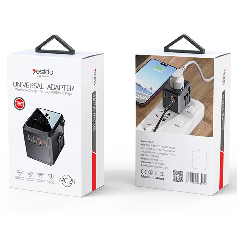 Yesido MC24 Travel Network Charger, 20W, 3A, 3 x USB-A - 1 x USB-C, Black - Image 9