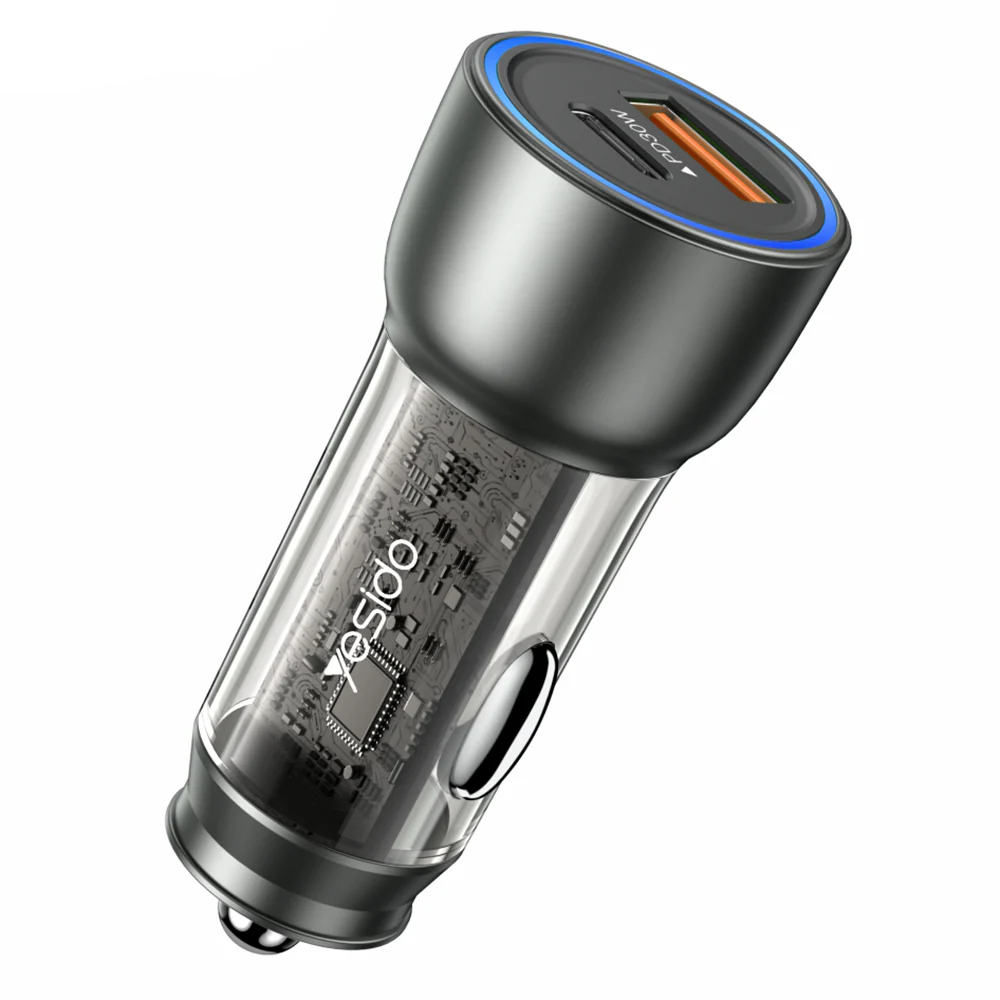 Yesido Y49 Car Charger, 30W, 3A, 1 x USB-A - 1 x USB-C, Grey