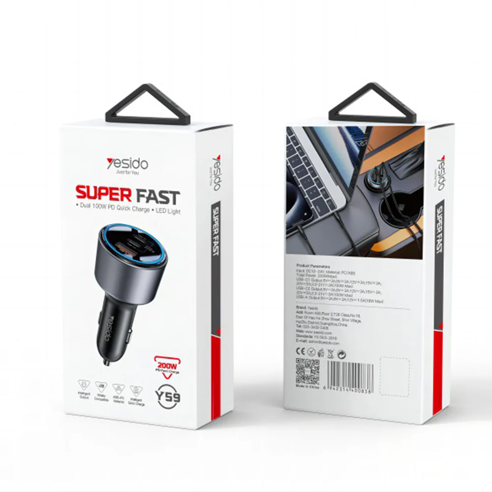 Yesido Y59 Car Charger, 200W, 5A, 1 x USB-A - 2 x USB-C, Black - Image 7