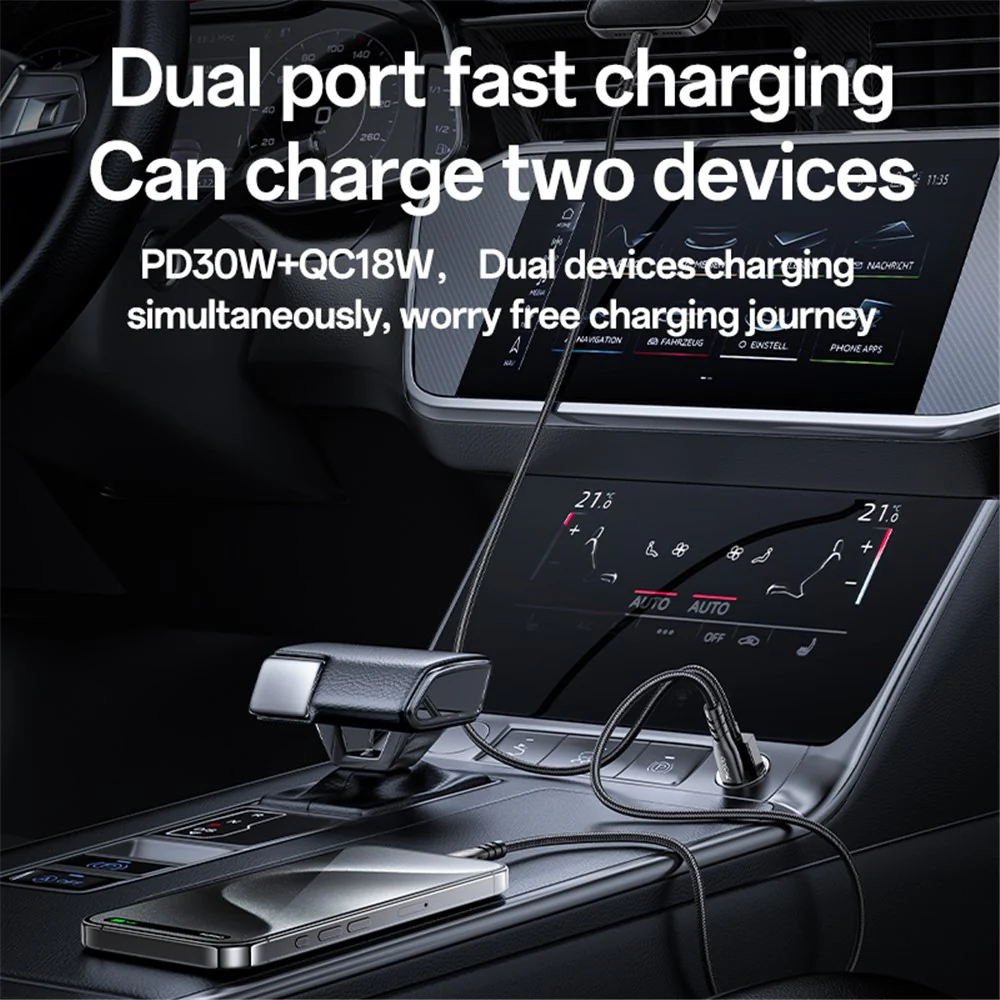 Yesido Y68 Car Charger, 30W, 3A, 1 x USB-A - 1 x USB-C, Black - Image 2