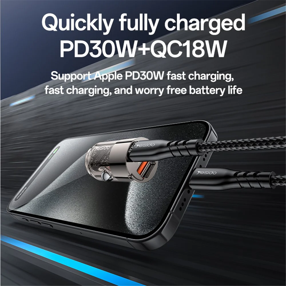 Yesido Y68 Car Charger, 30W, 3A, 1 x USB-A - 1 x USB-C, Black - Image 4