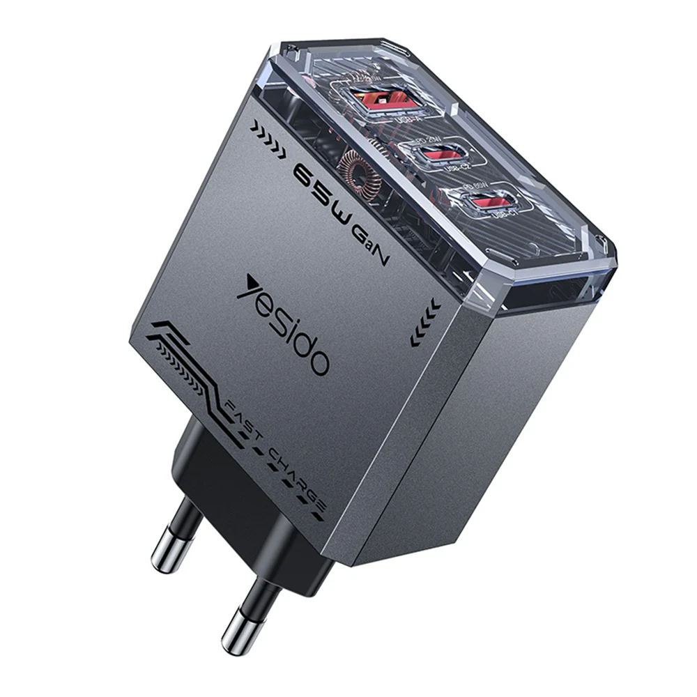 Yesido YC101 Network Charger, 65W, 3.25A, 1 x USB-A - 2 x USB-C, Black