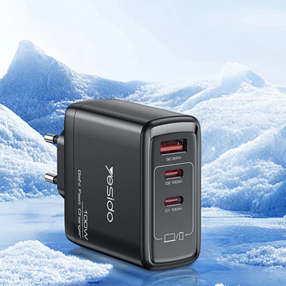 Yesido YC142 Network Charger, 100W, 5A, 1 x USB-A - 2 x USB-C, Black - Image 2