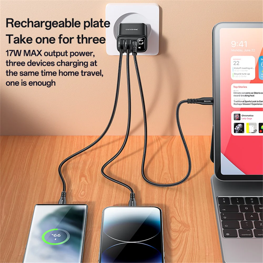 Yesido YC67 Network Charger Display, 17W, 2.4A, 1 x USB-C - 2 x USB-A, Black - Image 4