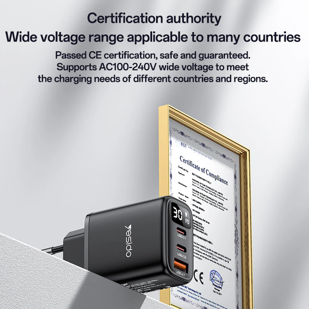 Yesido YC69 Display Network Charger, 30W, 3A, 1 x USB-A - 2 x USB-C, Black - Image 4