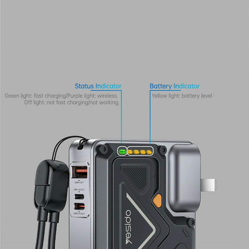 Yesido YP89 External Battery, 10000mAh, 22.5W, QC + PD + FQI, 1 x Lightning - 1 x QI - 1 x USB-A - 1 x USB-C, Gray - Image 2